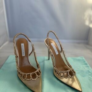 New Aquazzura Gold Slingback Heels with Crystal Accents - size 38.5